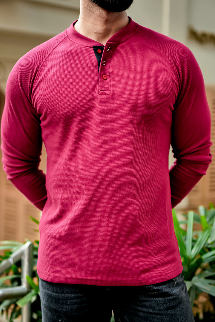 Maroon Contrast Placket Waffle Henley T-Shirt