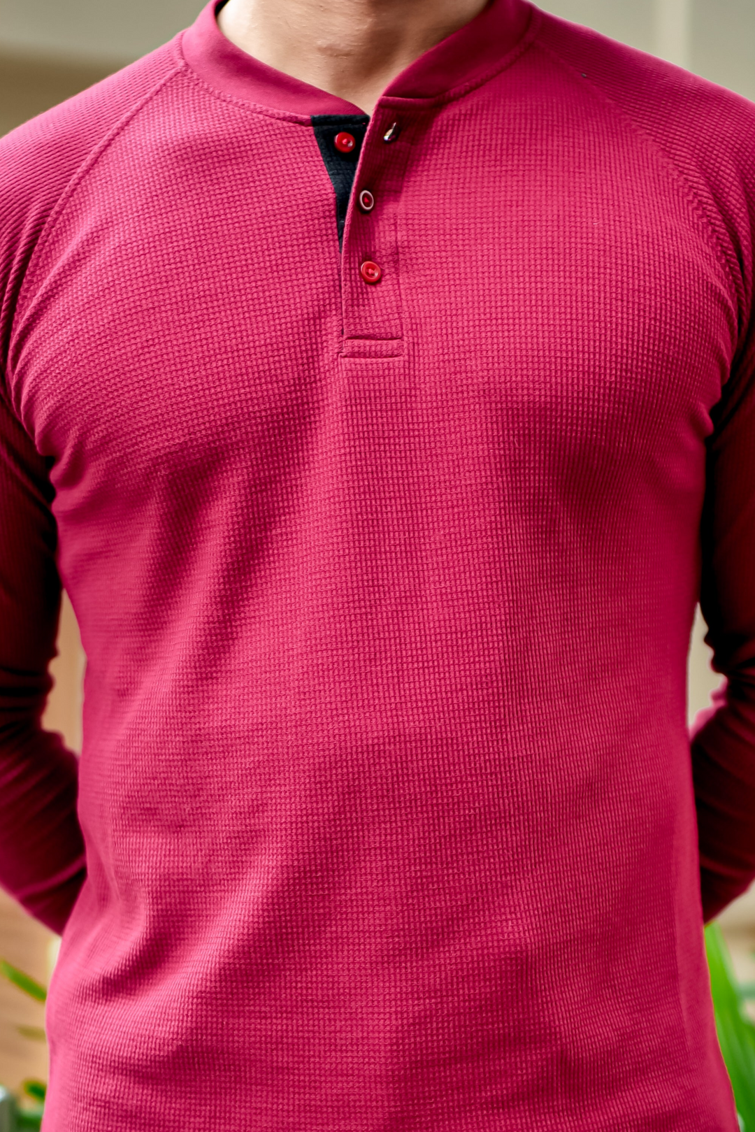 Maroon Contrast Placket Waffle Henley T-Shirt