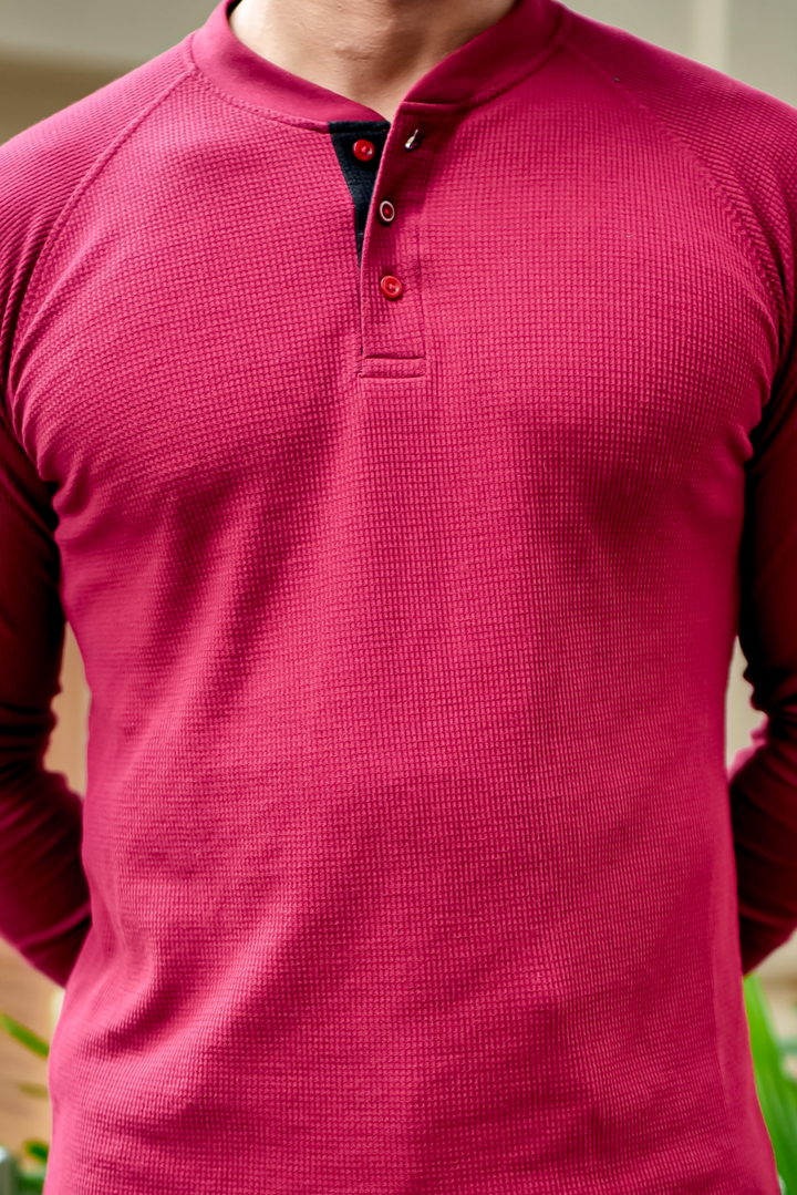 Maroon Contrast Placket Waffle Henley T-Shirt