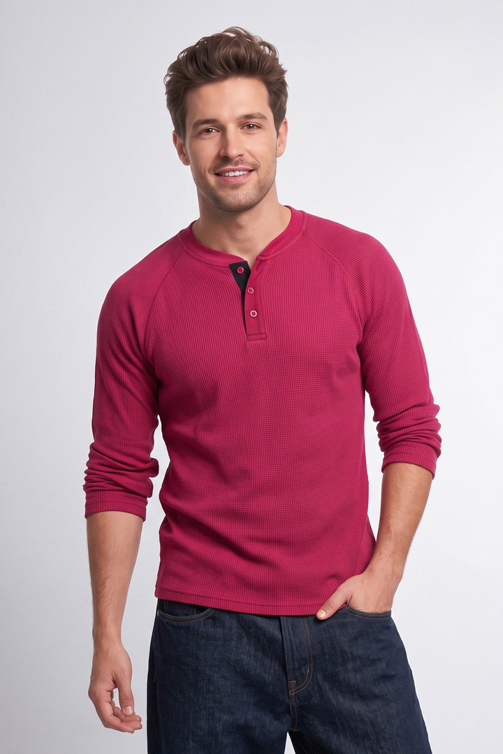 Maroon Full Sleeve Self Design Henley T-Shirt