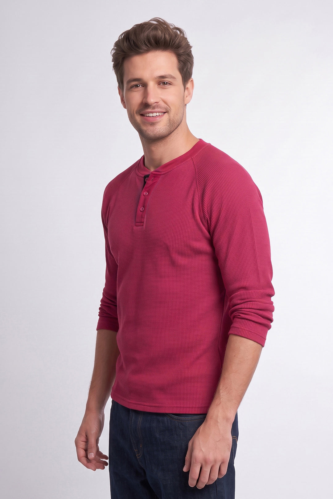 Maroon Full Sleeve Self Design Henley T-Shirt