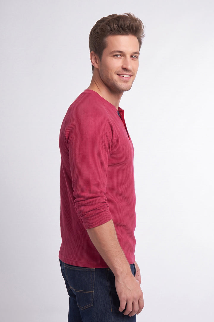 Maroon Full Sleeve Self Design Henley T-Shirt