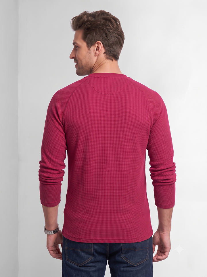 Maroon Full Sleeve Self Design Henley T-Shirt