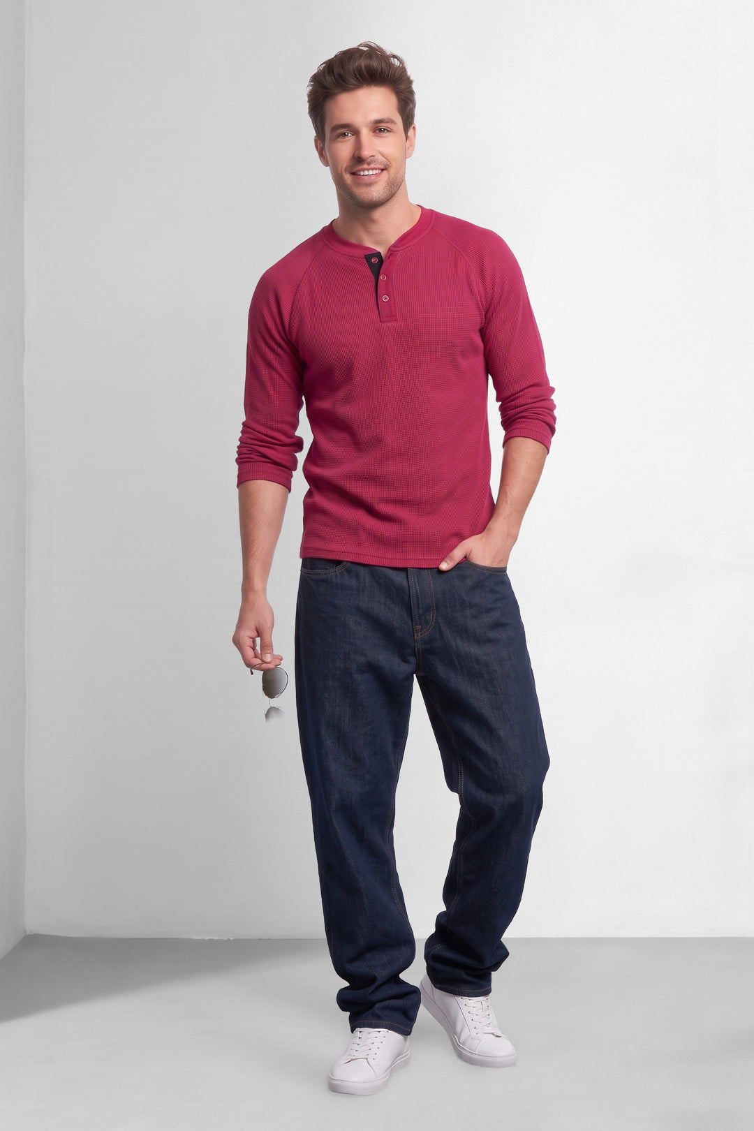 Maroon Full Sleeve Self Design Henley T-Shirt