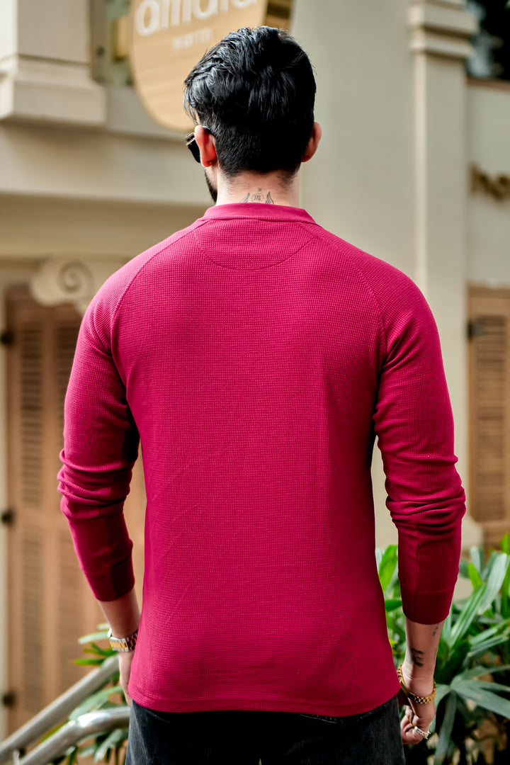 Maroon Contrast Placket Waffle Henley T-Shirt