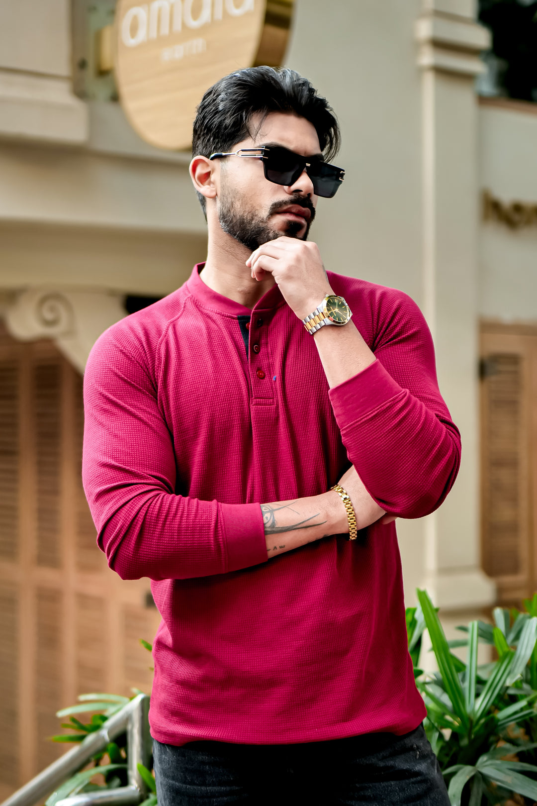 Maroon Contrast Placket Waffle Henley T-Shirt