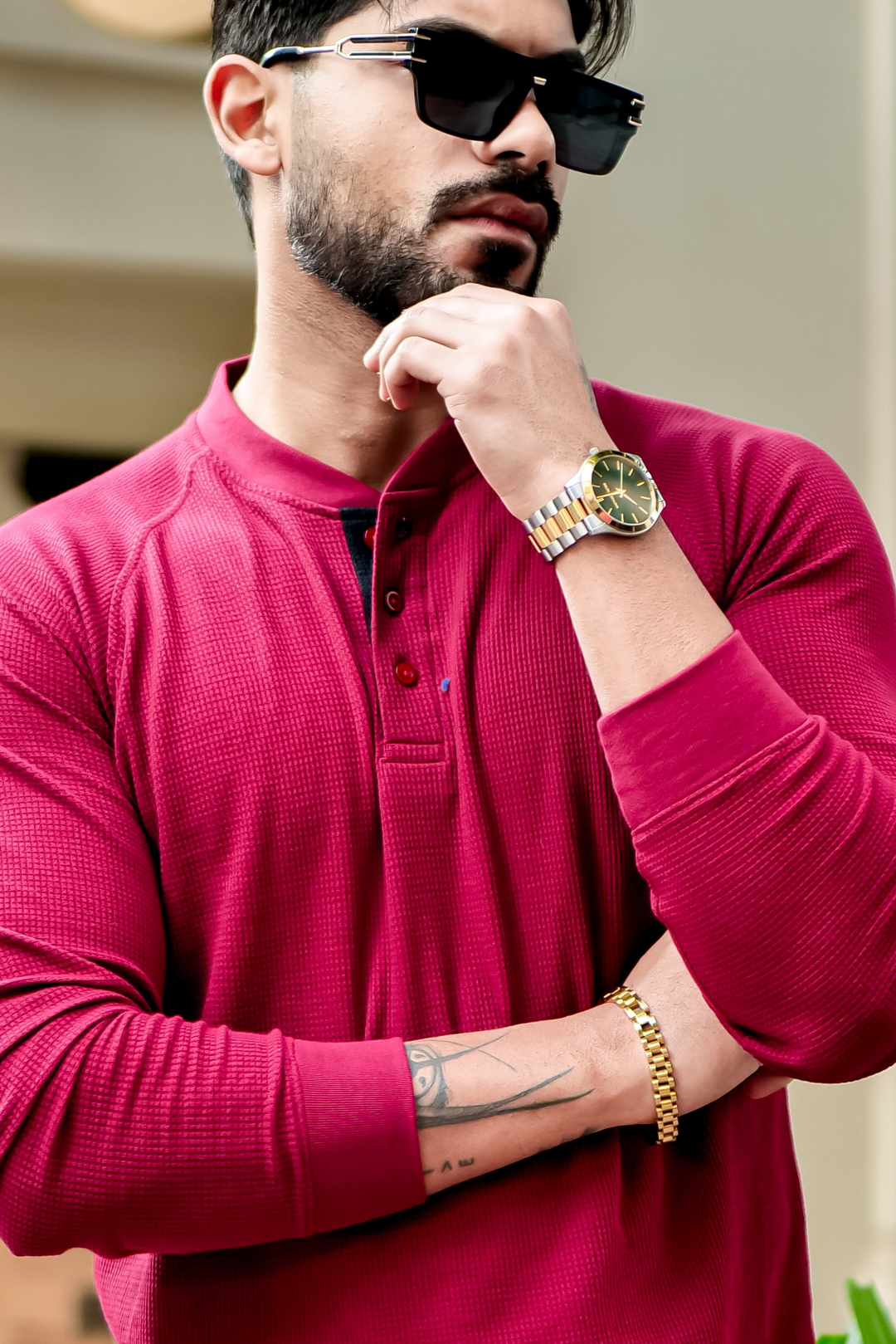Maroon Contrast Placket Waffle Henley T-Shirt