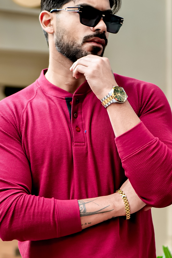 Maroon Contrast Placket Waffle Henley T-Shirt