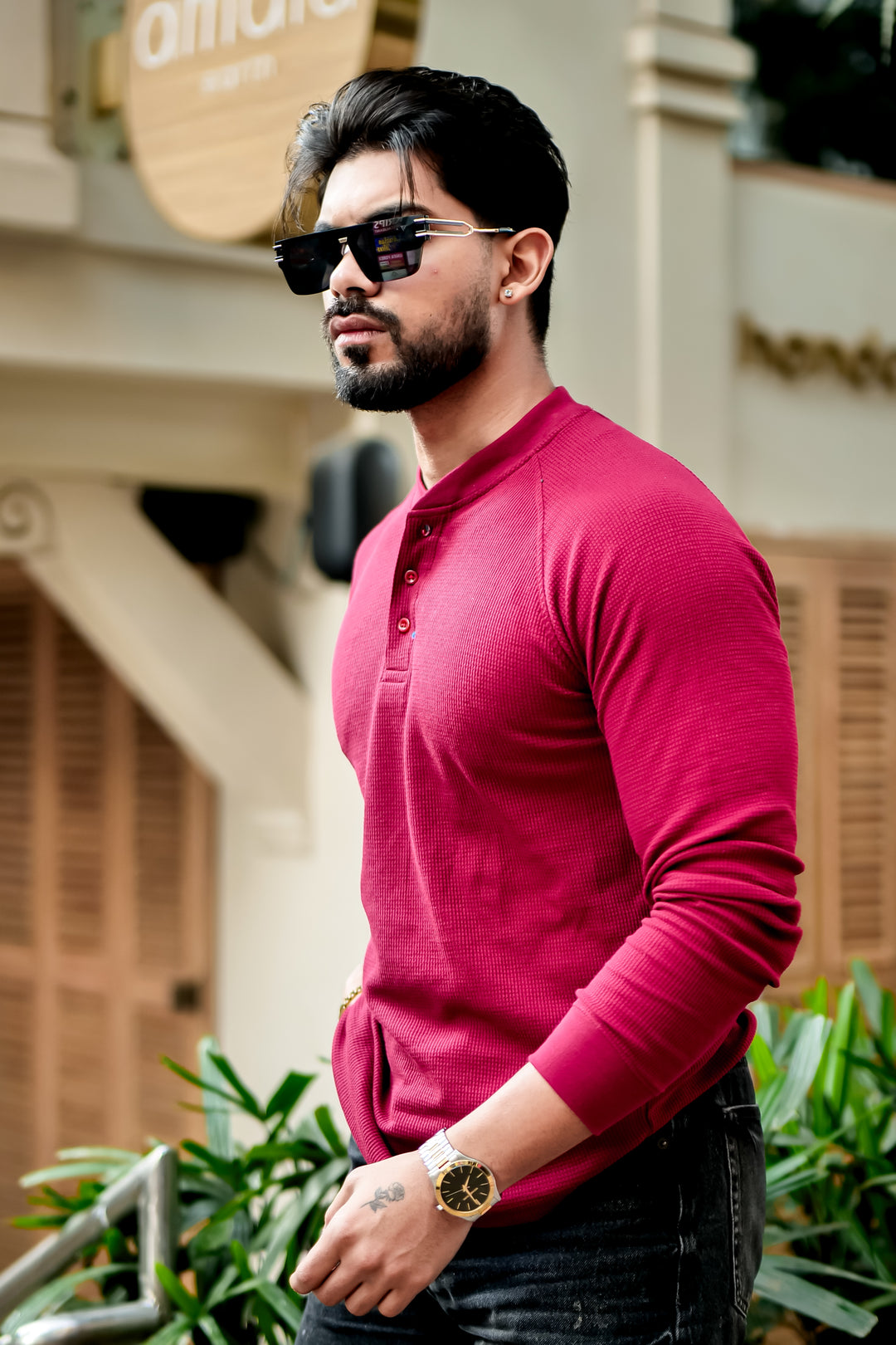 Maroon Contrast Placket Waffle Henley T-Shirt
