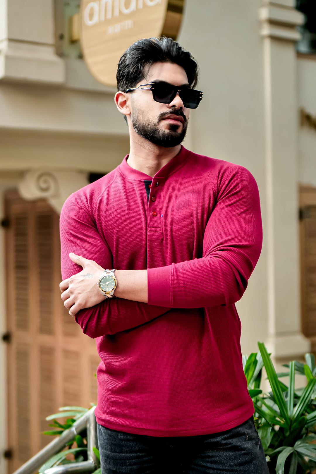 Maroon Contrast Placket Waffle Henley T-Shirt