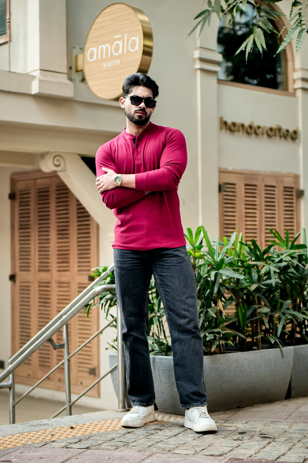 Maroon Contrast Placket Waffle Henley T-Shirt