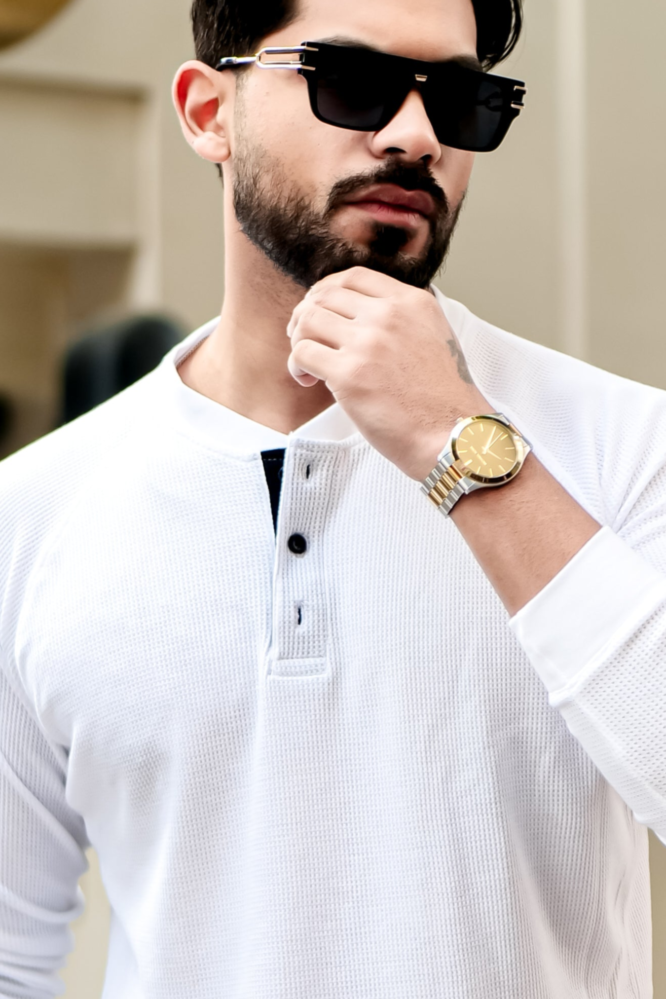 White Contrast Placket Waffle Henley T-Shirt