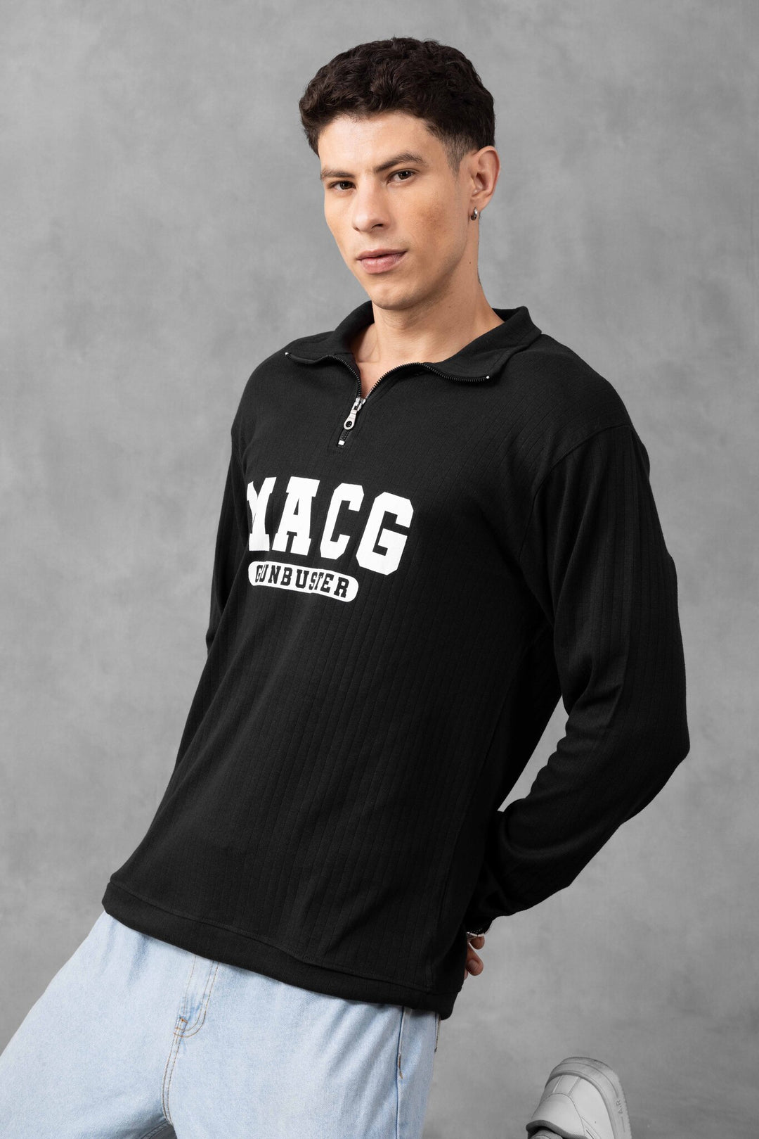 Black Self Design Printed Zipper T-Shirt