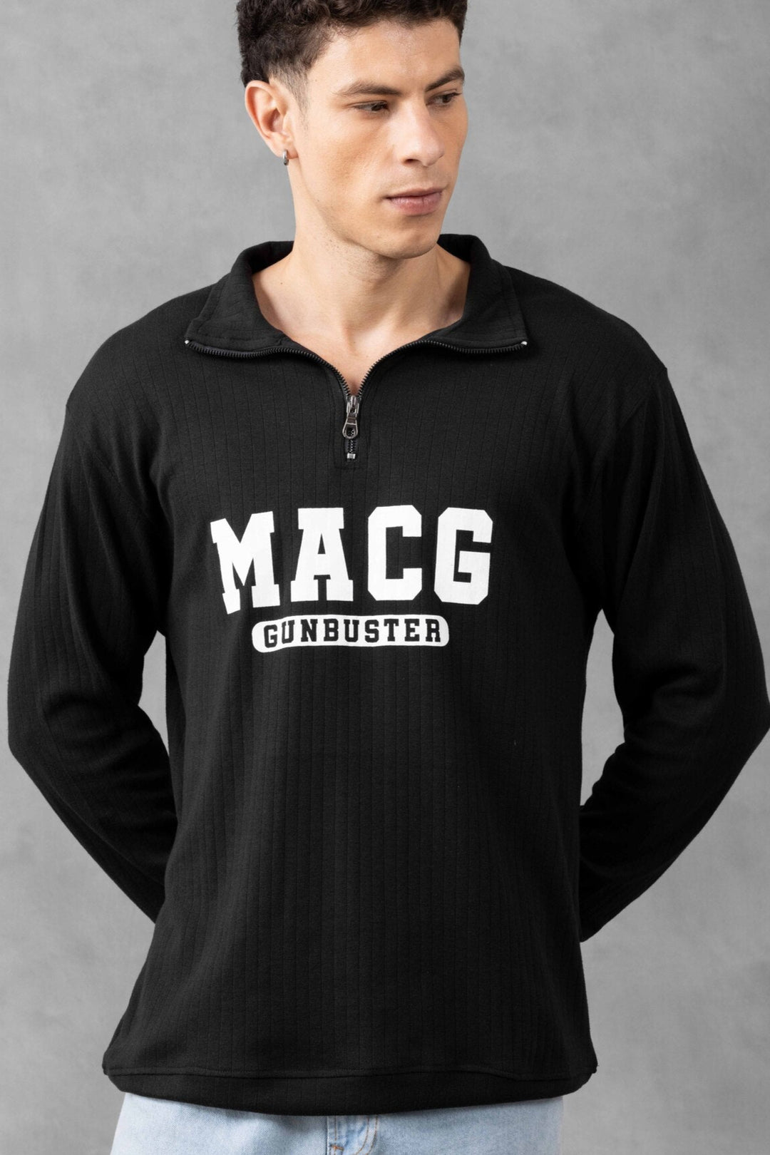 Black Self Design Printed Zipper T-Shirt