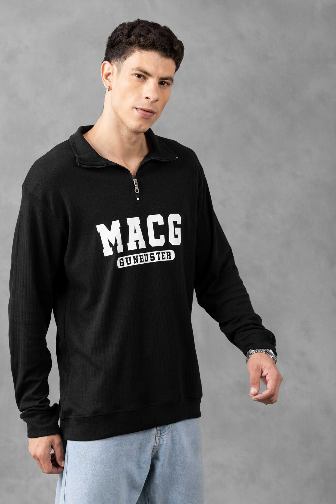 Black Self Design Printed Zipper T-Shirt