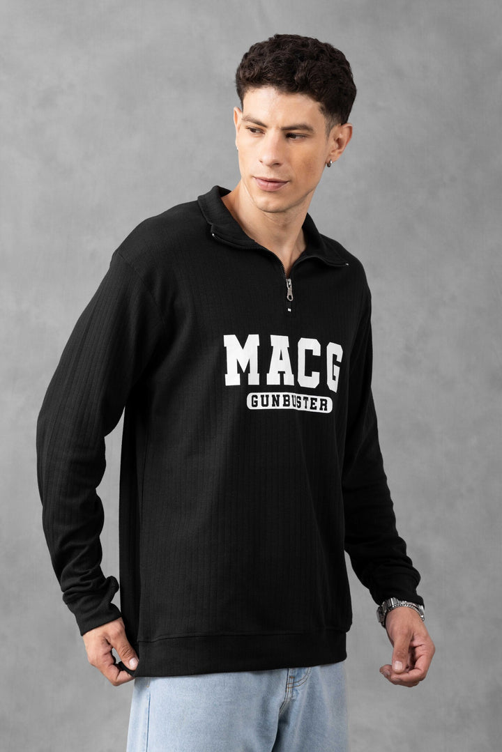 Black Self Design Printed Zipper T-Shirt