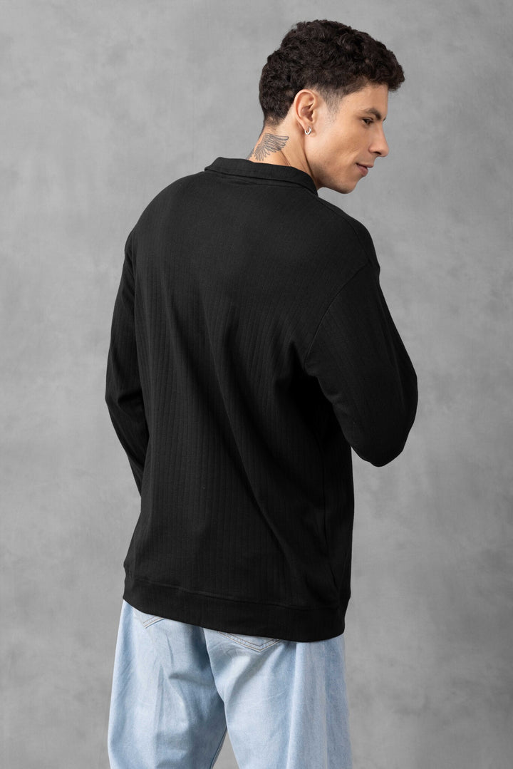 Black Self Design Printed Zipper T-Shirt