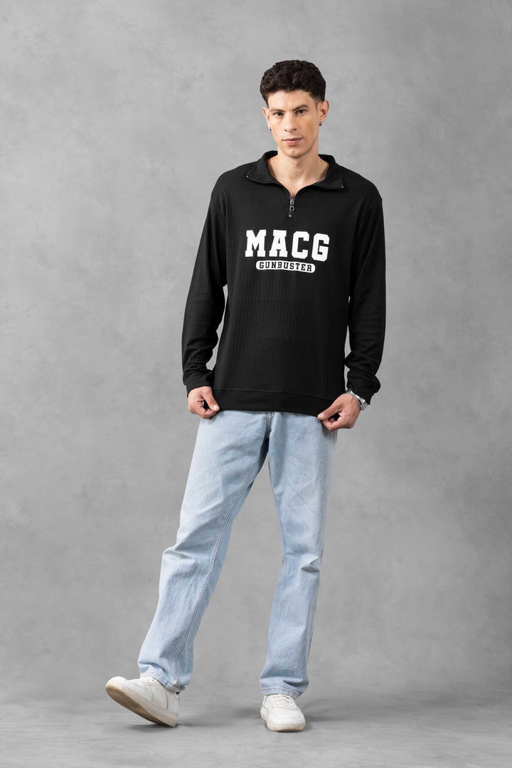 Black Self Design Printed Zipper T-Shirt