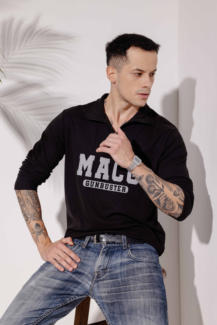 Black Cotton "MACG" Full Sleeve Zipper T-Shirt