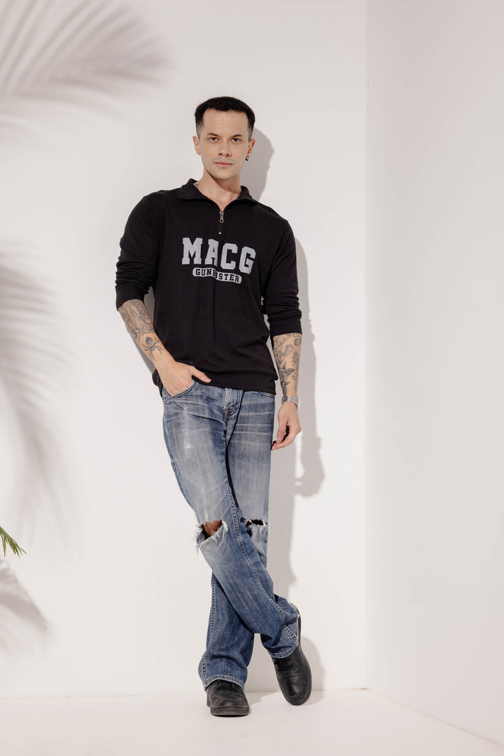 Black Cotton "MACG" Full Sleeve Zipper T-Shirt