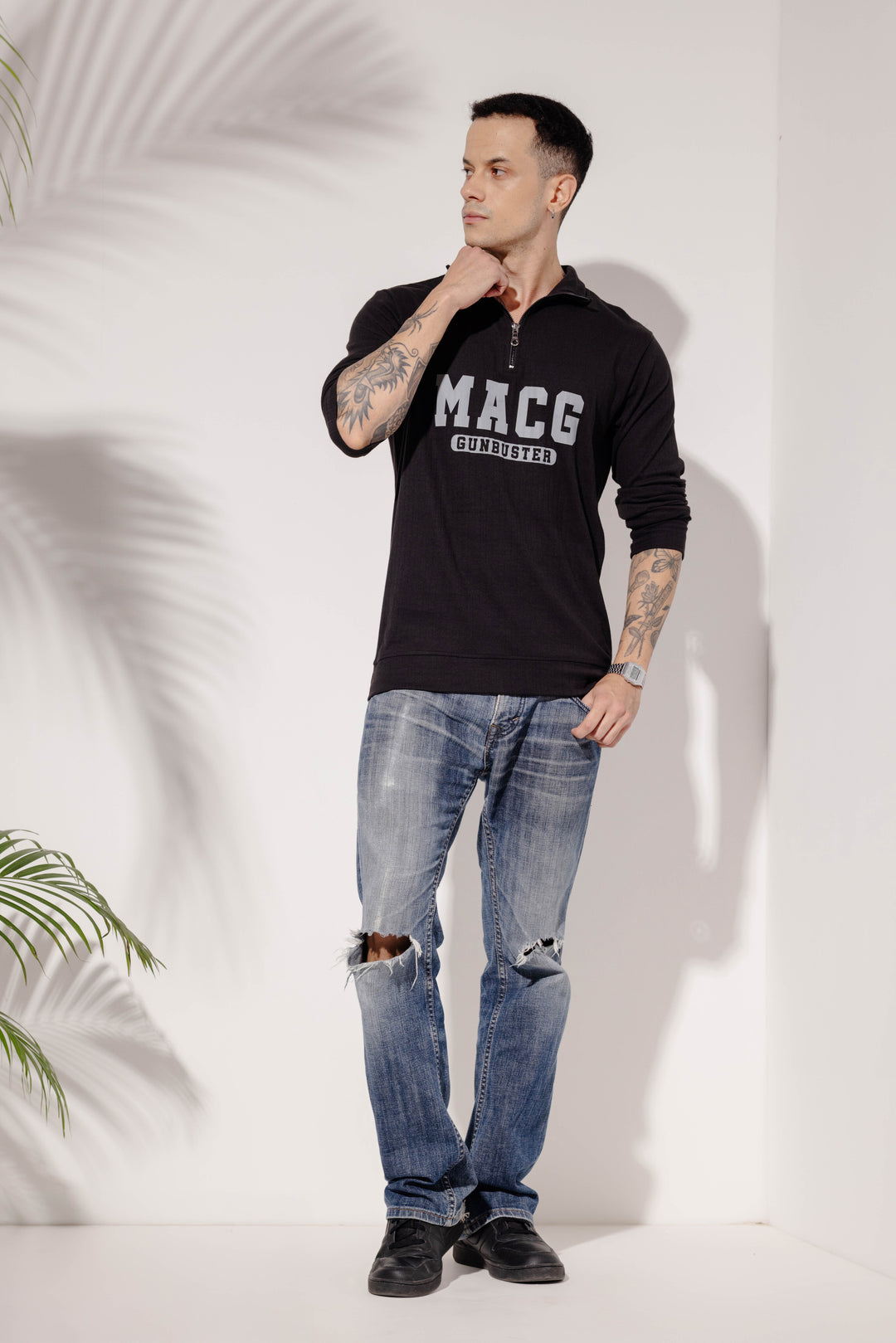 Black Cotton "MACG" Full Sleeve Zipper T-Shirt