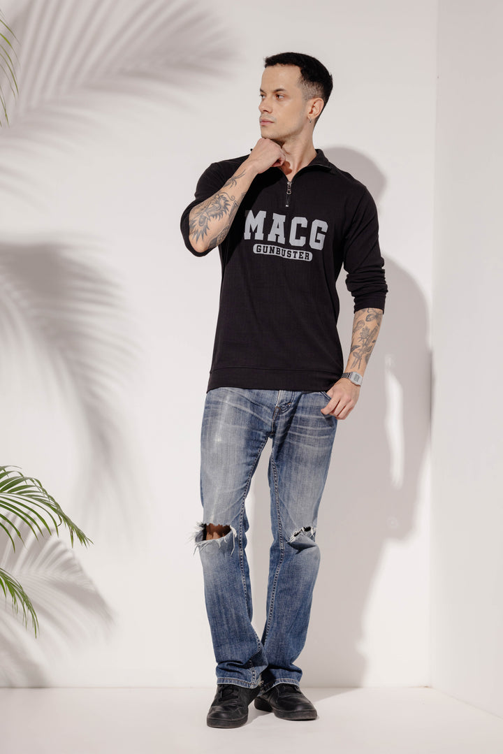 Black Cotton "MACG" Full Sleeve Zipper T-Shirt