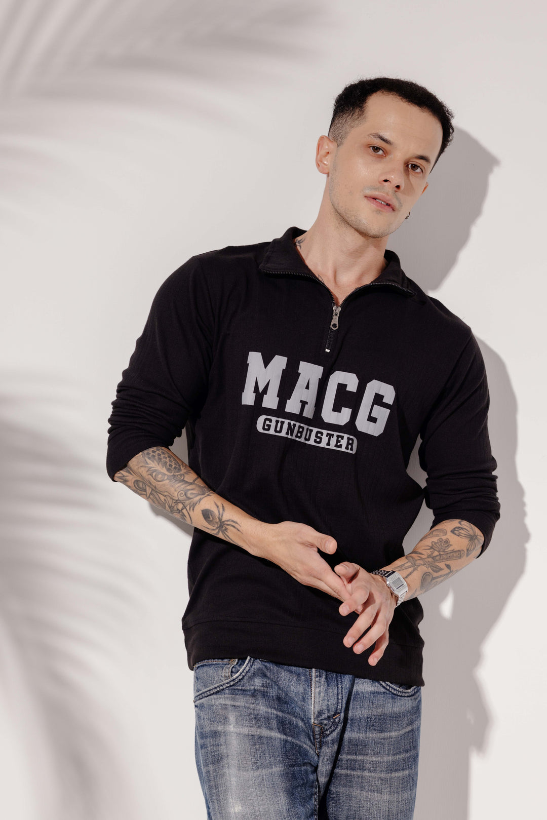 Black Cotton "MACG" Full Sleeve Zipper T-Shirt