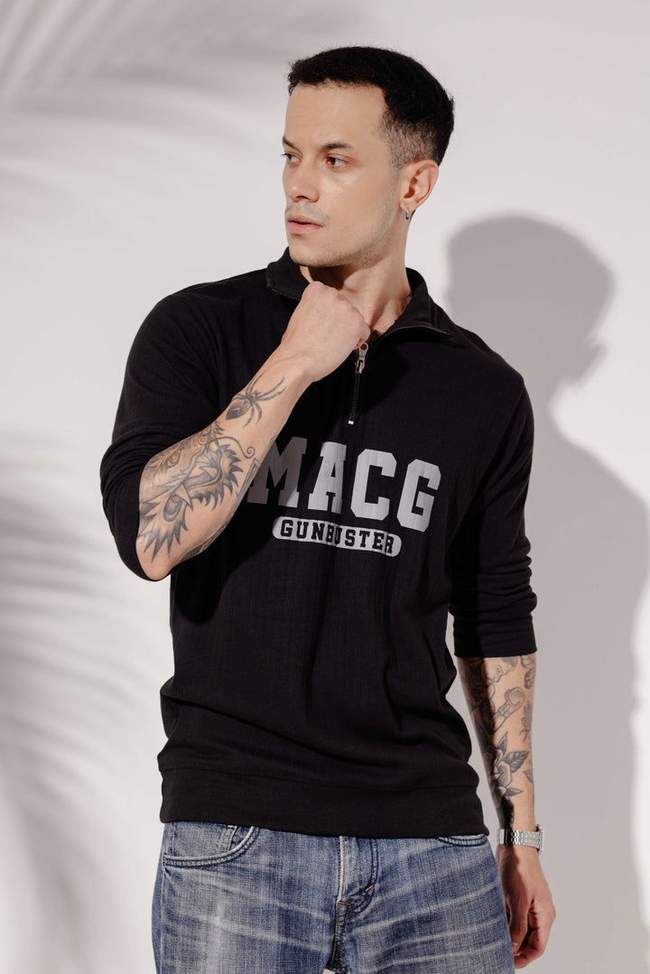 Black Cotton "MACG" Full Sleeve Zipper T-Shirt