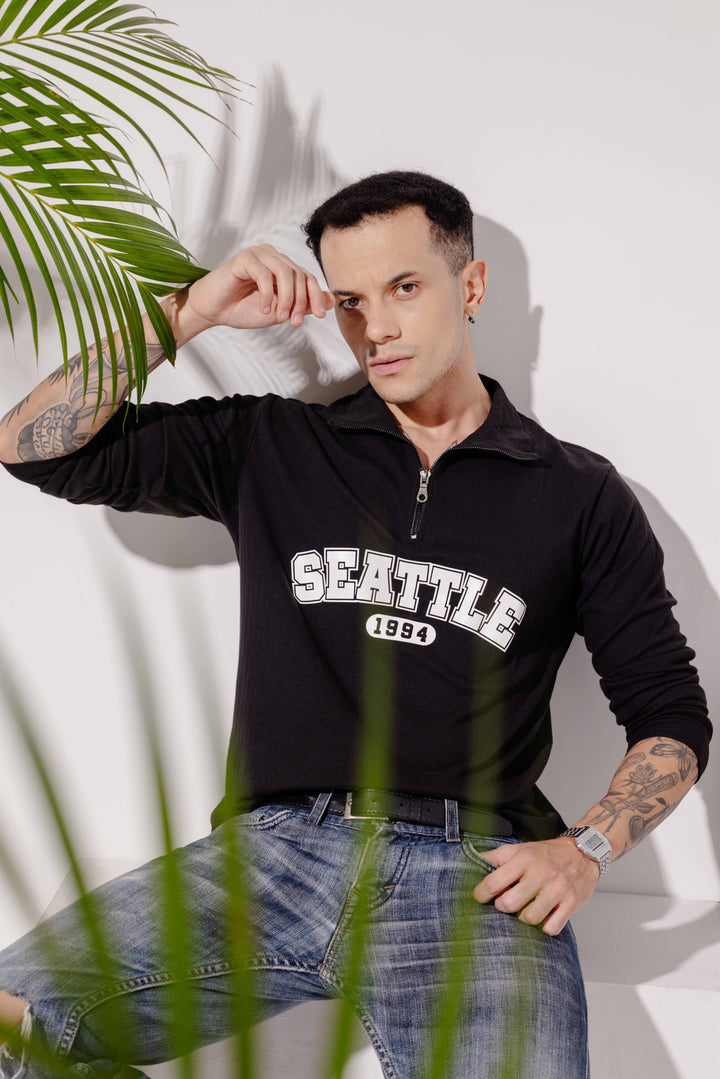 Black Cotton Full Sleeve "Seattle" Zipper T-Shirt
