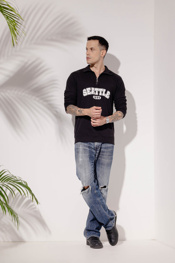 Black Cotton Full Sleeve "Seattle" Zipper T-Shirt