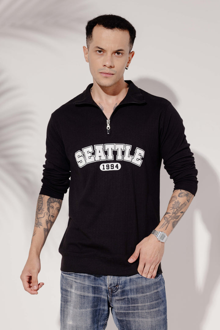 Black Cotton Full Sleeve "Seattle" Zipper T-Shirt
