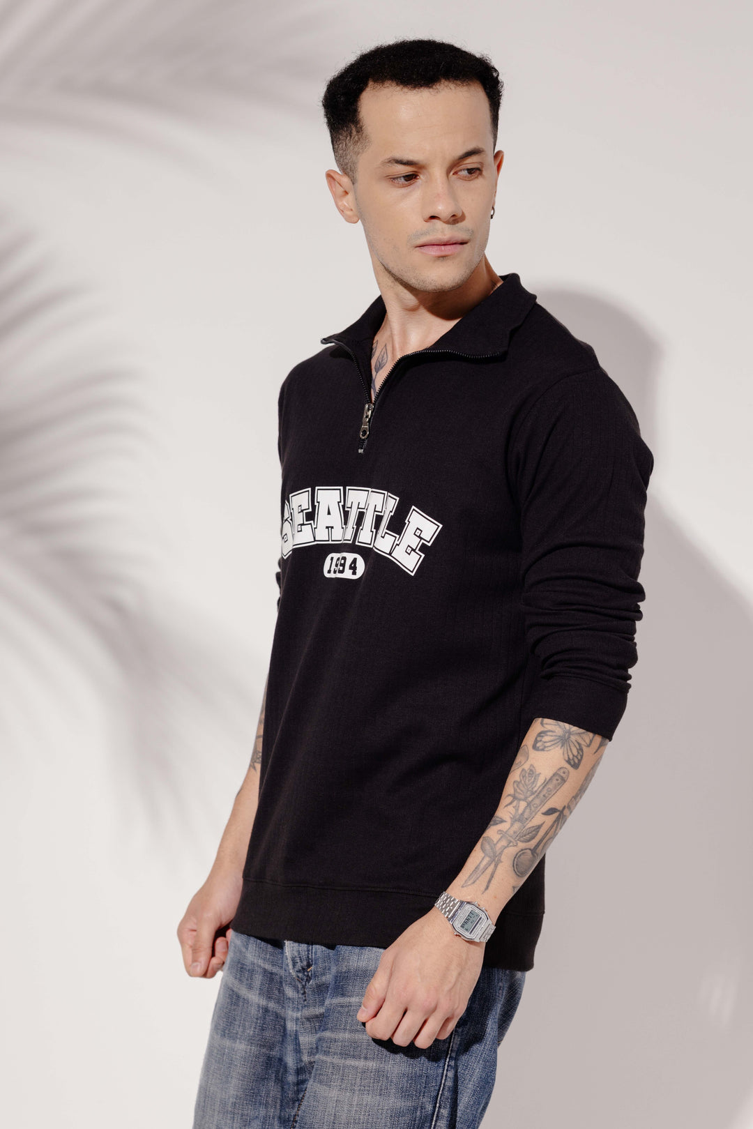 Black Cotton Full Sleeve "Seattle" Zipper T-Shirt