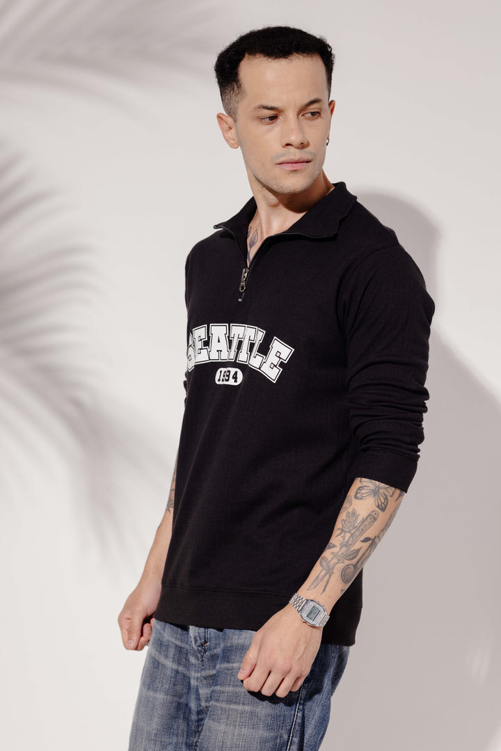 Black Cotton Full Sleeve "Seattle" Zipper T-Shirt