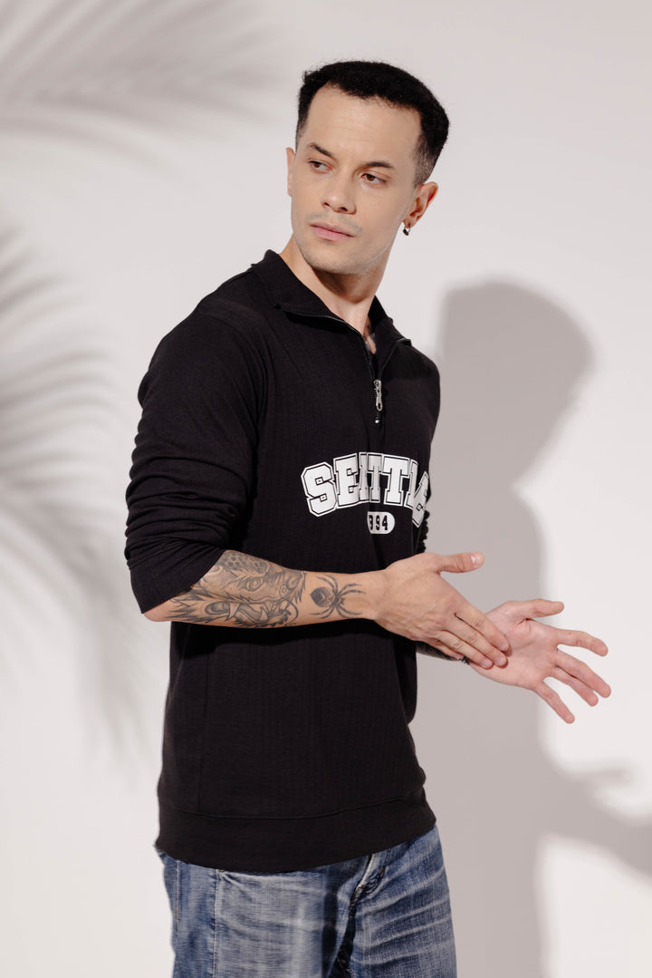 Black Cotton Full Sleeve "Seattle" Zipper T-Shirt