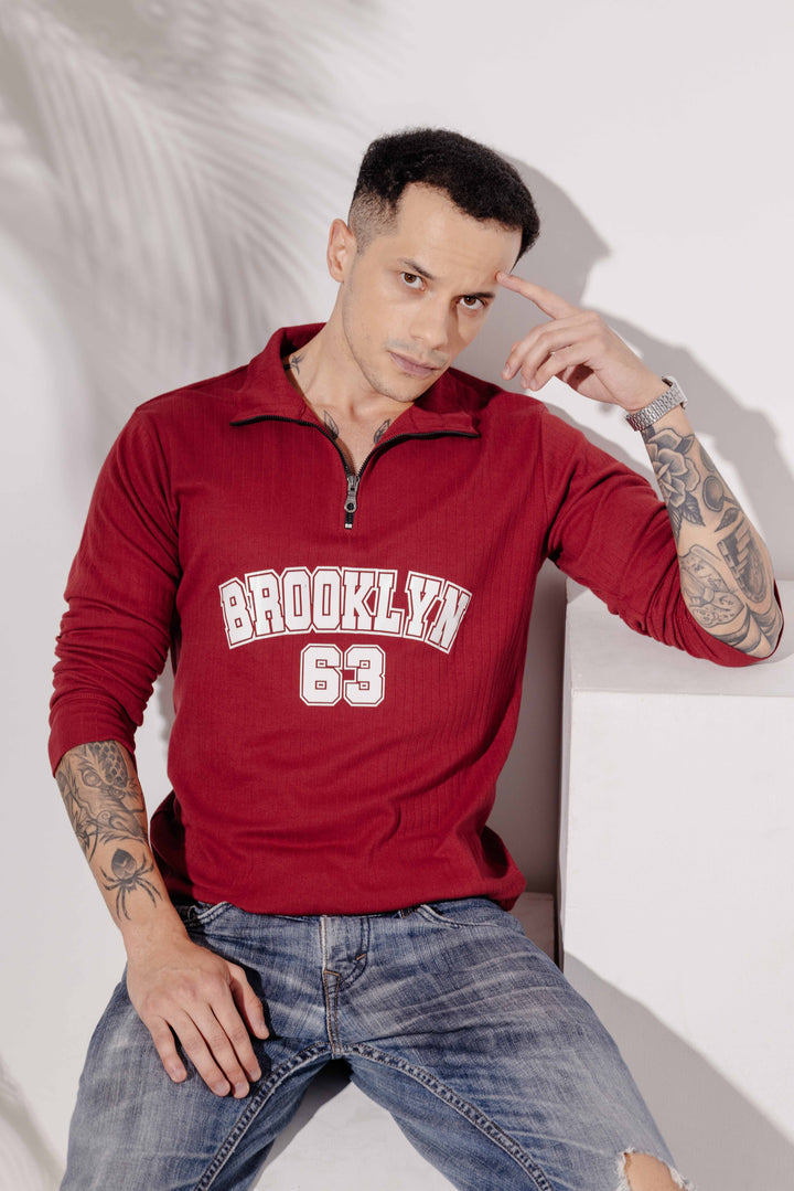Maroon Cotton "BROOKLYN" Full Sleeve Zipper T-Shirt