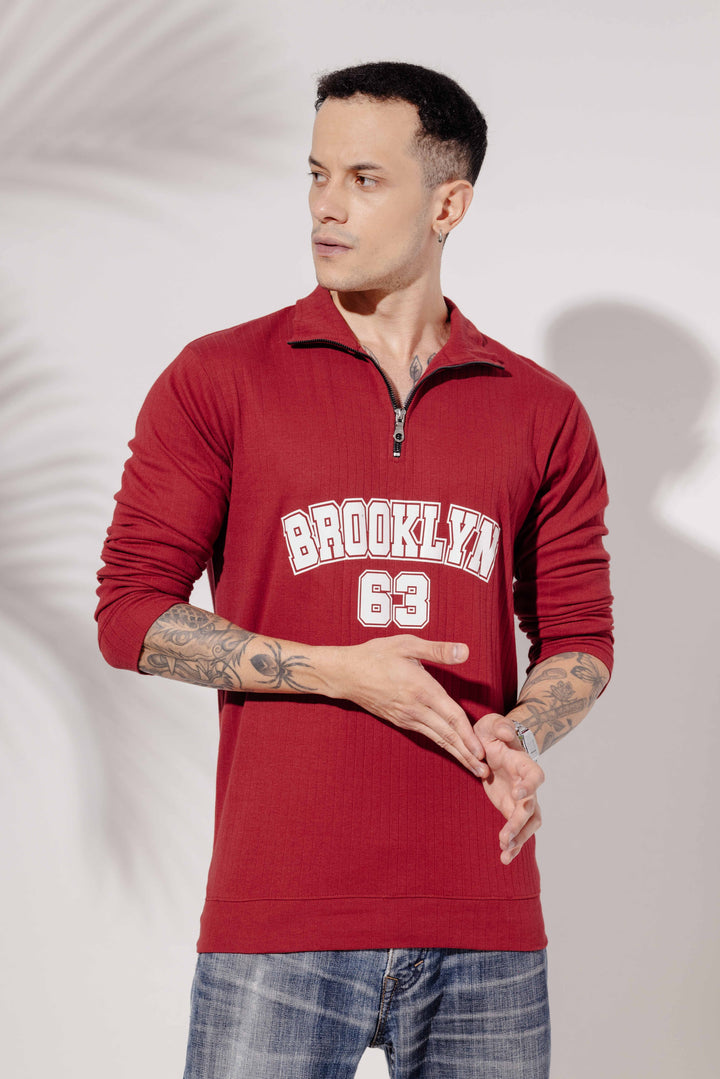 Maroon Cotton "BROOKLYN" Full Sleeve Zipper T-Shirt
