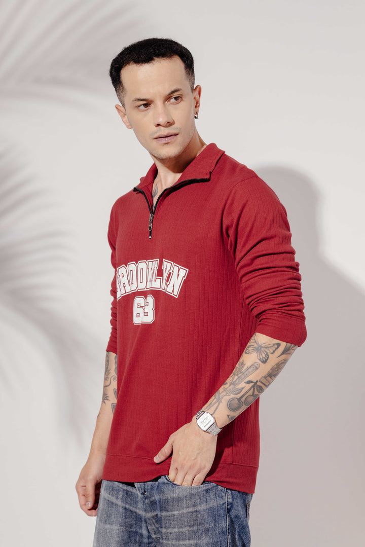 Maroon Cotton "BROOKLYN" Full Sleeve Zipper T-Shirt