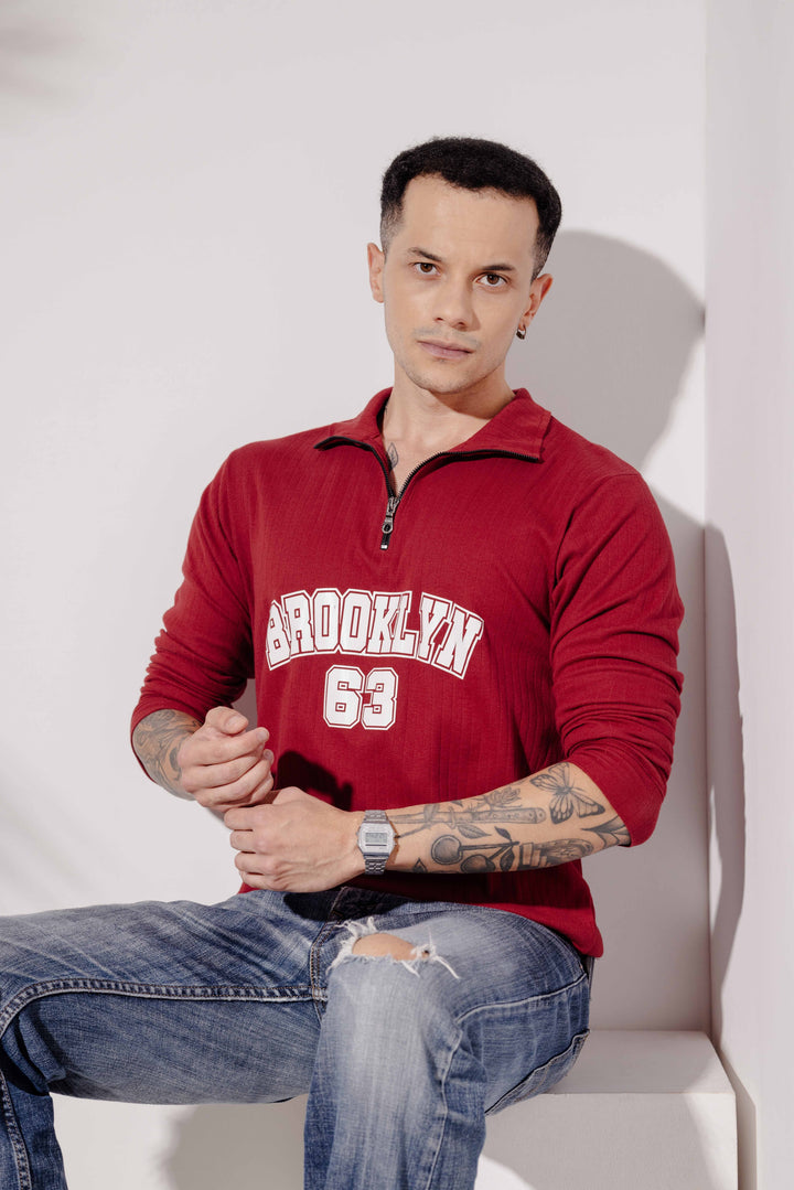 Maroon Cotton "BROOKLYN" Full Sleeve Zipper T-Shirt