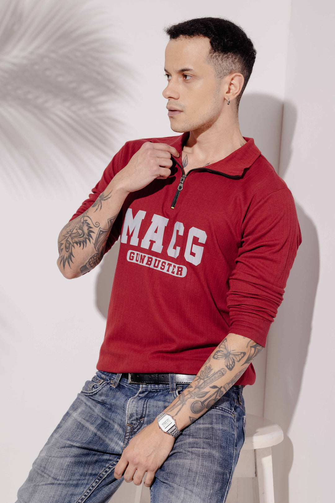 Maroon Cotton "MACG" Full Sleeve Zipper T-Shirt