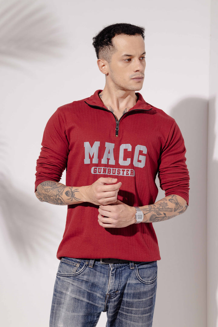Maroon Cotton "MACG" Full Sleeve Zipper T-Shirt