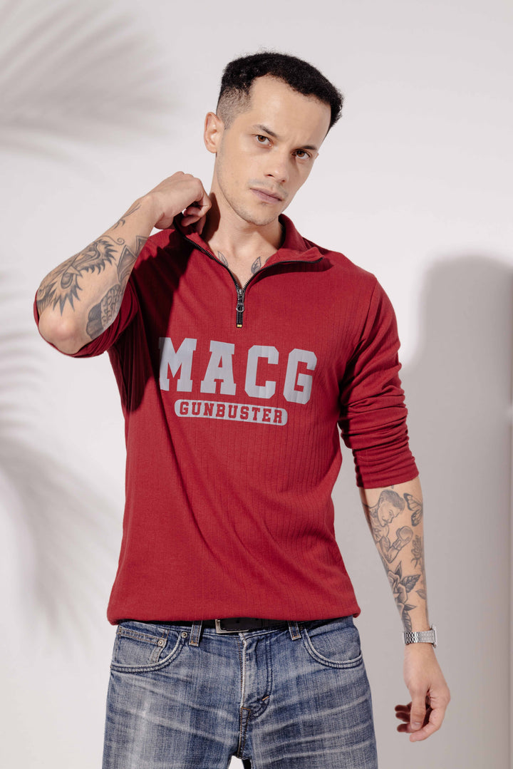 Maroon Cotton "MACG" Full Sleeve Zipper T-Shirt