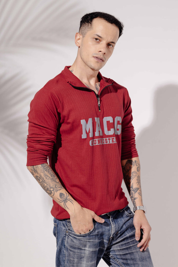 Maroon Cotton "MACG" Full Sleeve Zipper T-Shirt