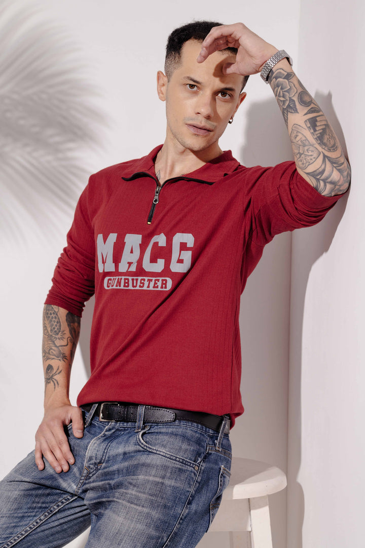 Maroon Cotton "MACG" Full Sleeve Zipper T-Shirt