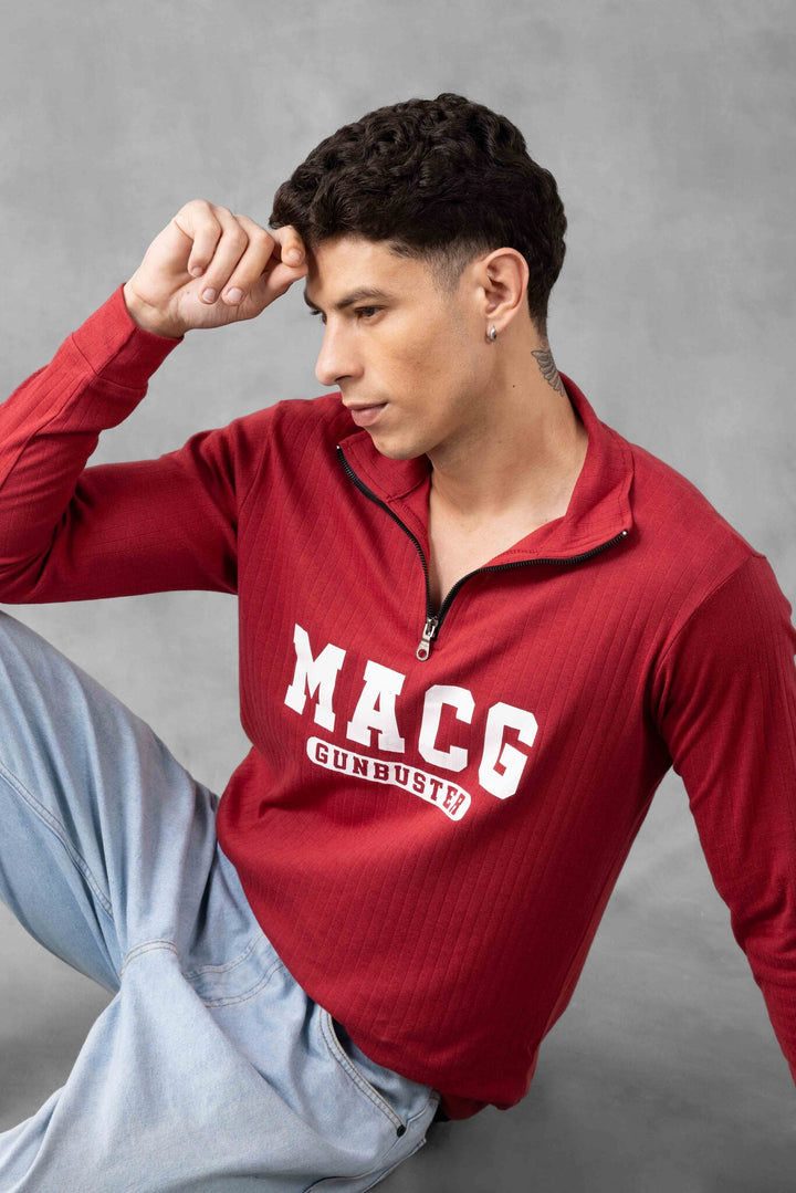 Maroon Cotton full sleeve "MACG" Zipper T-Shirt
