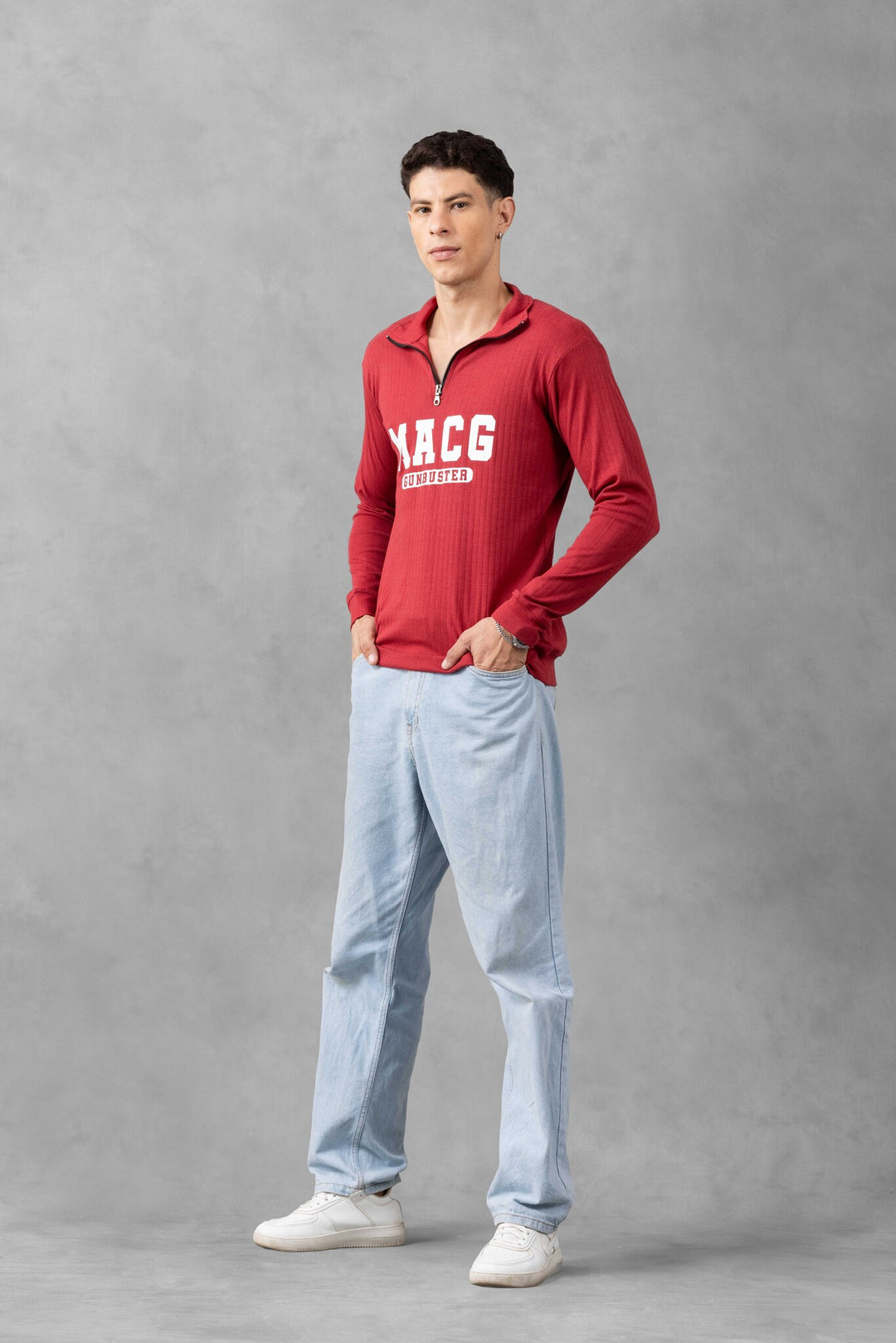 Maroon Cotton full sleeve "MACG" Zipper T-Shirt