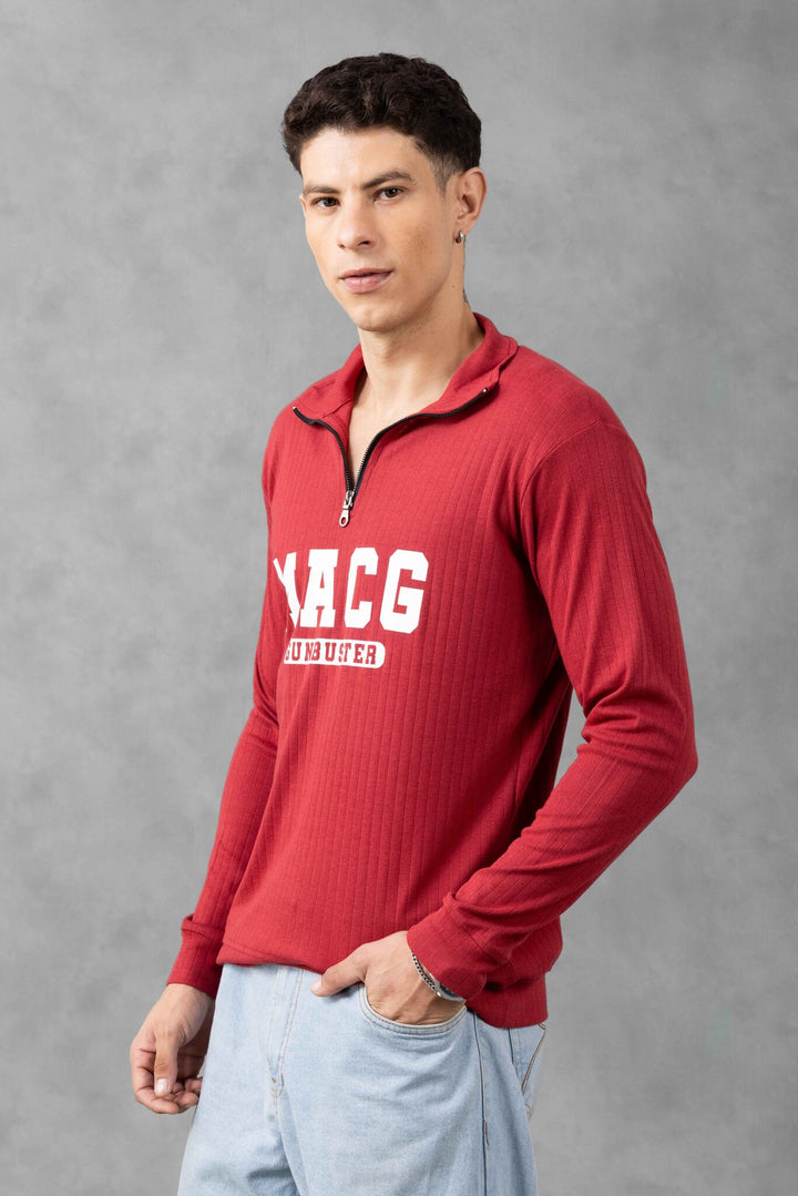 Maroon Cotton full sleeve "MACG" Zipper T-Shirt
