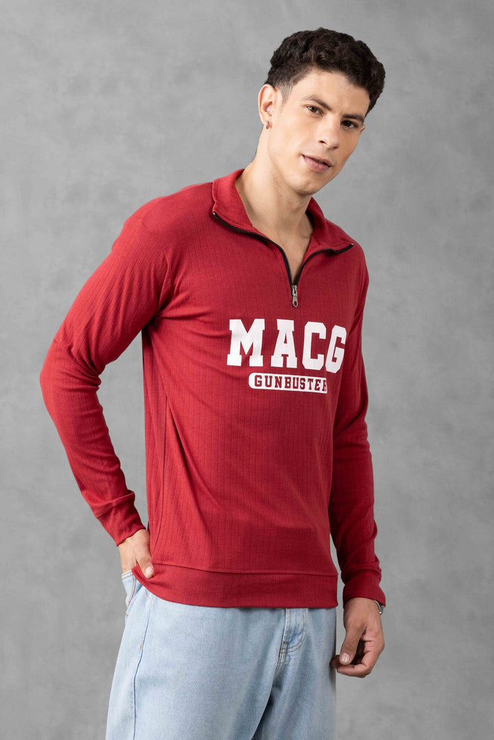 Maroon Cotton full sleeve "MACG" Zipper T-Shirt