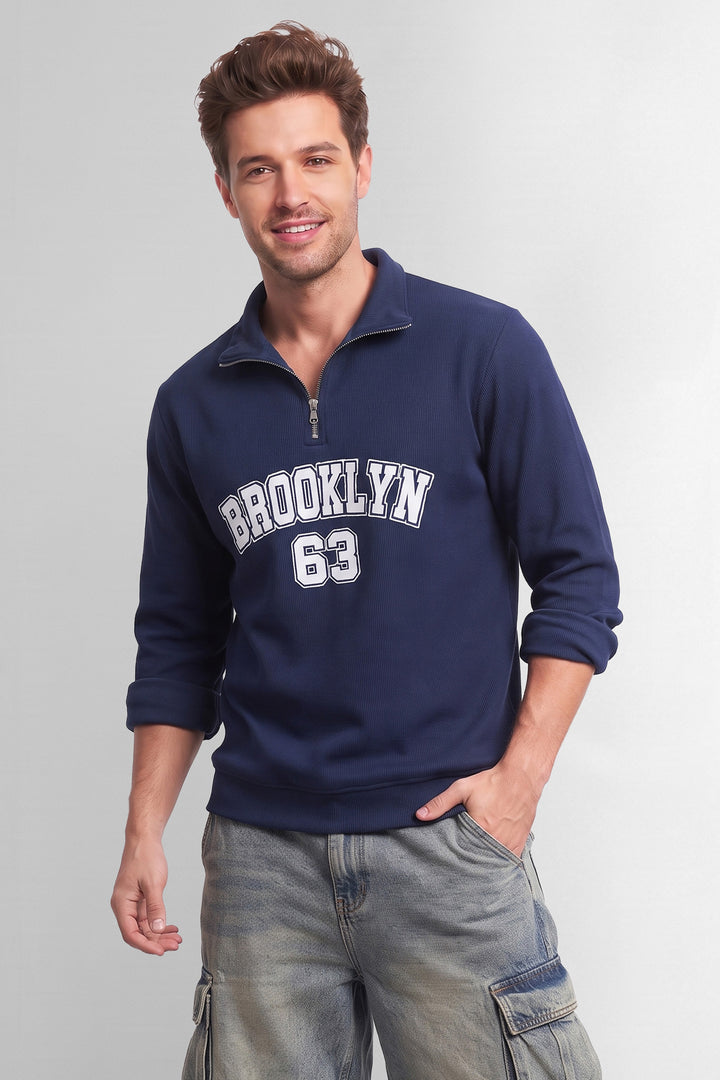 Navy Blue Full Sleeve Typographic Zipper T-Shirt
