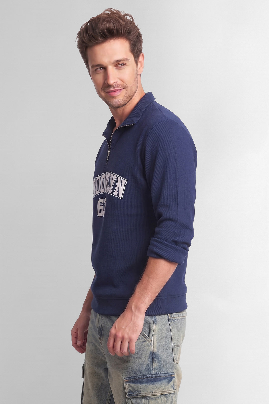 Navy Blue Full Sleeve Typographic Zipper T-Shirt