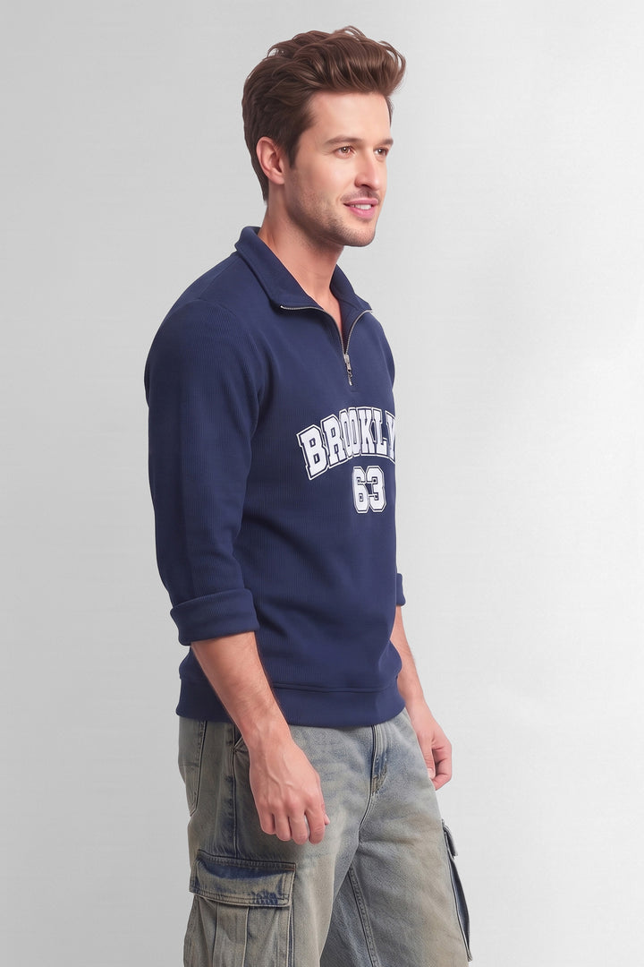 Navy Blue Full Sleeve Typographic Zipper T-Shirt